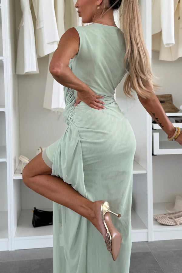 Fashionable Dreamland Tulle Mesh Sleeveless Elegant Woven Ribbon Maxi Dress