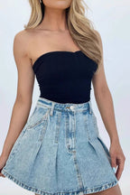 High Waist Denim Pleated ALine Skirt