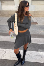 Striped Off Shoulder Long Sleeve Tee Asymmetrical Skirt Set