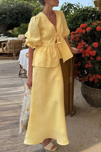 Linen Two-Piece Set with Tie-Front V-Neck Puff Sleeve Peplum Top & High-Waist Midi Skirt