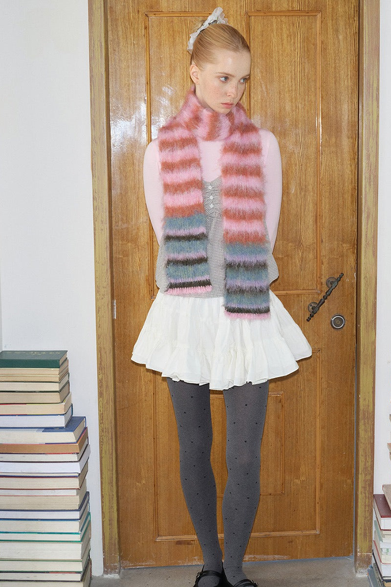 Contrast Striped Narrow Soft Wool Blend Knitted Scarf