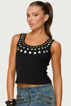 Sequin Button Ribbed Sleeveless Crop Top