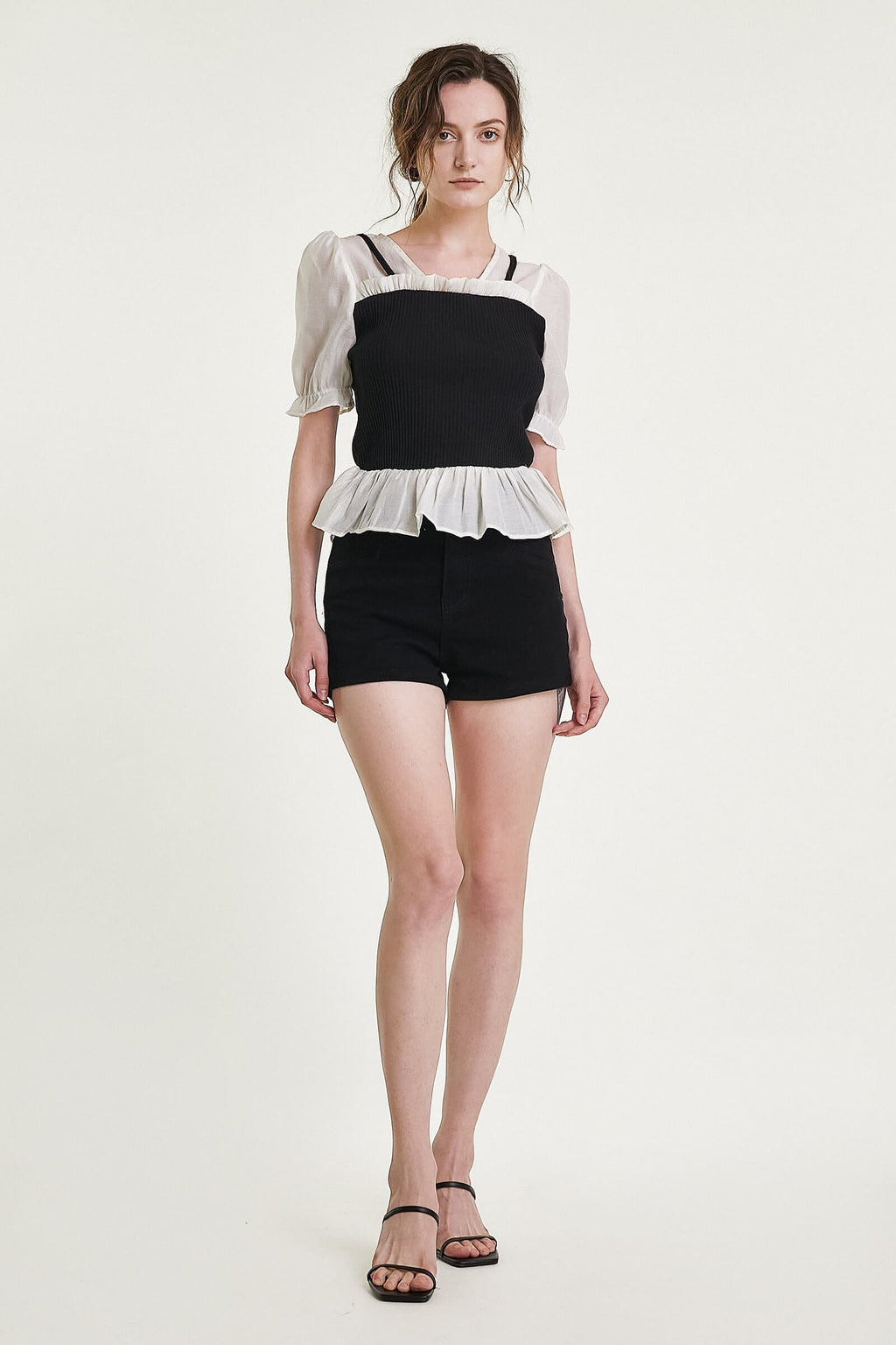 Black Ribbed Ruffled Patchwork Blouse