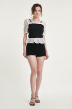 Black Ribbed Ruffled Patchwork Blouse