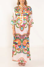 Venice Satin Colorful Baroque Style Print High Neck Tie-up Half Bell Sleeve Maxi Dress