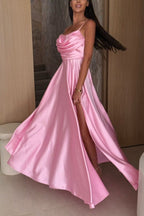 Solid Color Suspender Back Pleated Elegant Slit Full Hem Maxi Dress