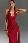 Halter Neck VSlit Evening Wrap Dress