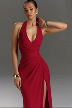 Halter Neck VSlit Evening Wrap Dress