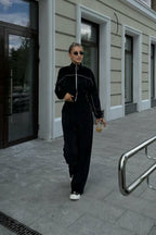 Athletic Velvet Collar Zipper Long Sleeve Two Piece Set