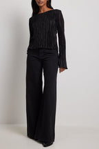 Pleated Slim Flared-Sleeve Back-Tie Blouse