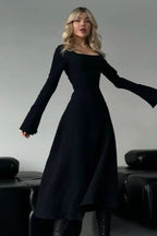 Elegant Fitted Long Sleeve Square Neck A-Line Party Dress