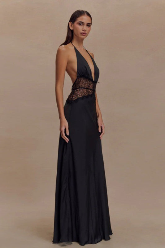 Deep V HighWaist Halter Backless Midi Silk Dress