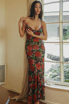 V Neck Printed Strap Slim Maxi Floral Dress