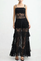 Abigail Floral LaceTiered Ruffles Tie-up Shoulder A-line Maxi Dress