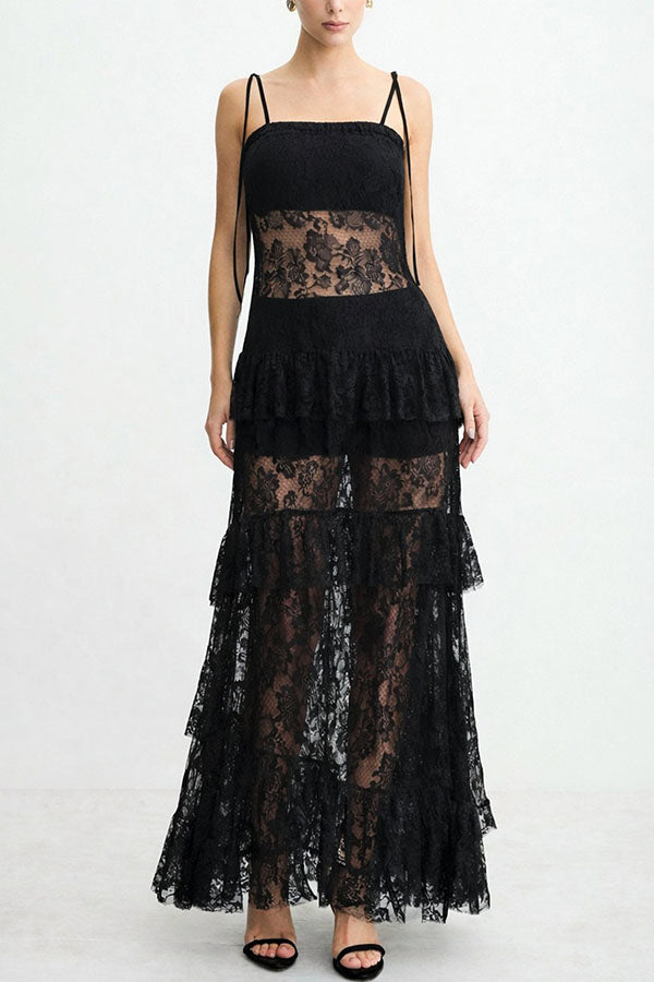 Abigail Floral LaceTiered Ruffles Tie-up Shoulder A-line Maxi Dress