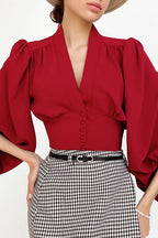 V Neck Lantern Sleeve Slim Blouse