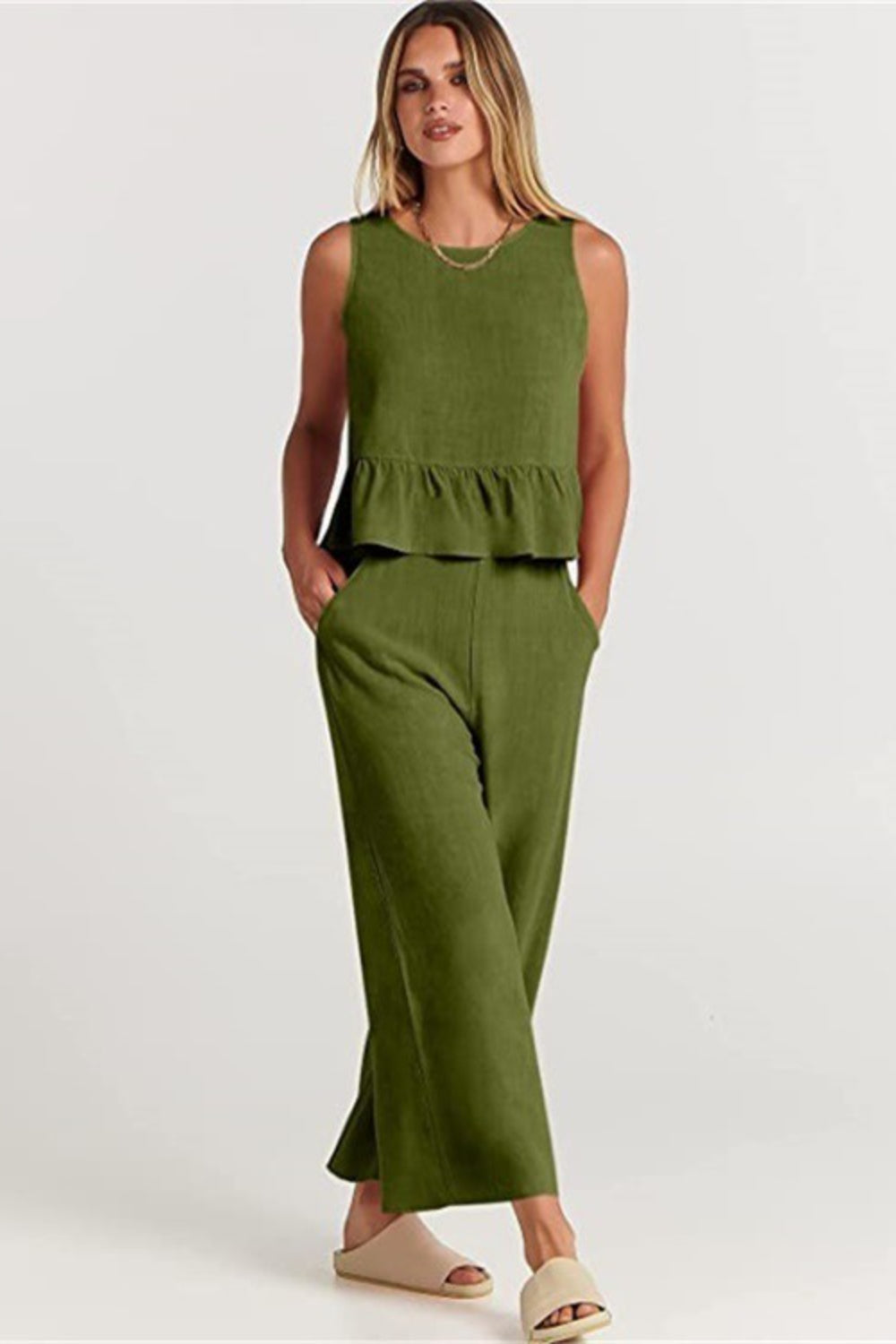 Ruffle Back Button Crop Two Piece Pants Set