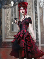 Japanese Gothic Style Red Black Halloween OffShoulder Court Wave Autumn Dark HighWaist Lolita Party Dress