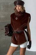 Solid Turtleneck Fuzzy Sleeveless Vest