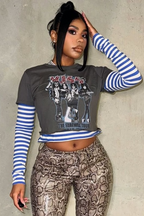 Retro Striped Color Block Print Crew Neck Crop Top