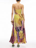 Spaghetti Strap Waisted Floral Print Swing Maxi Dress