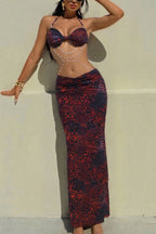 Unique Printed Halter Neck Beaded Pleated Resort Maxi Dress
