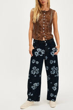 Fashionable Printed Casual Loose Mid-rise Pocket Leg Jeans