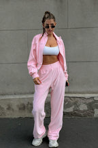 Athletic Velvet Collar Zipper Long Sleeve Two Piece Set