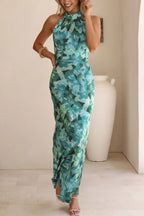 Floral Print Sleeveless Halter Neck Tie Holiday Maxi Dress