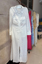 Vivi Embroidered Lace Cutout Long Sleeve Pocket Elastic Waist Loose Shirt Jumpsuit