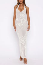 Solid Color Openwork Knit Backless Slim Fit Vacation Cover-up Maxi Dress