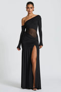 Off Shoulder Long Sleeve Backless Thigh Split Maxi Dress