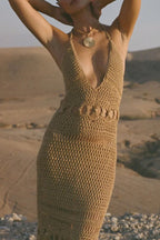 Fashionable Open-knit Backless Elegant Tassel Hem Vacation Cover-up Maxi Dress