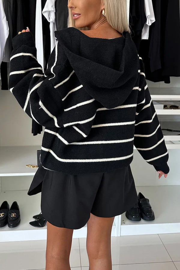 Fashion and Comfort Knit Striped Button Up Pocketed Loose Hooded Cardigan