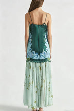 Fresh Bloom Unique Print Satin and Pleated Tulle Hem Slip Maxi Dress