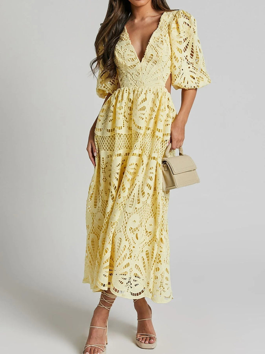 Rachele Premium Long Lace Dress with V Neck and Open Back Chic Silhouette Collection