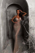 Rhinestone V-Neck Cami Ruched Fishtail Party Dress