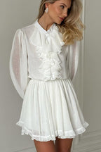 Elegant Ruffled Stand Collar Long Sleeve Mini Dress
