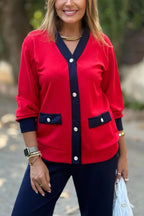 Stylish Color-blocked V-neck Knitted Button-down Cardigan and Elastic Waist Casual Wide-leg Pants Set