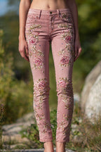 3D Floral Print Pocket Casual Jeans