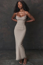 Solid Patchwork Spaghetti Strap Lace Mesh Maxi Dress