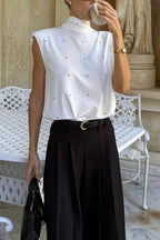 Polka Dot Print Open Backless Stand Collar Sleeveless Ribbon Top