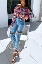 Colorful Botanical Print Sexy Off-shoulder Ruffle Top