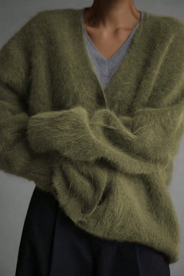 Solid Color Loose V-neck Long-sleeved Lazy Knitted Cardigan