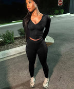 Sporty Zip Hooded Two Piece Pants Set