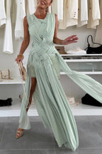 Fashionable Dreamland Tulle Mesh Sleeveless Elegant Woven Ribbon Maxi Dress