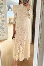 Solid Color Hollow Lace High Neck Long Sleeve Elegant Maxi Dress