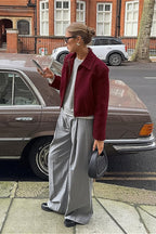 Burgundy Wool Short Casual Collared Retro American Jacket
