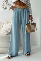 Lopez Denim Side Button Pocket Woven Round-Buckle Belt Elastic Waist Wide Leg Jeans