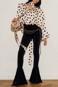 Chrissa Satin Polka Dot Print Lace Trim Tie-up Neck Balloon Sleeve Loose Blouse